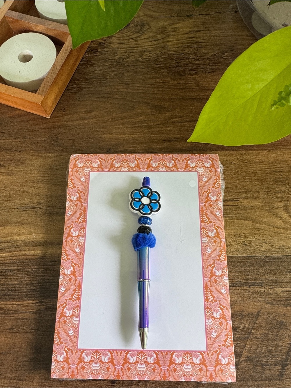 Iridescent Blue Flower Top Pen with Pom Pom